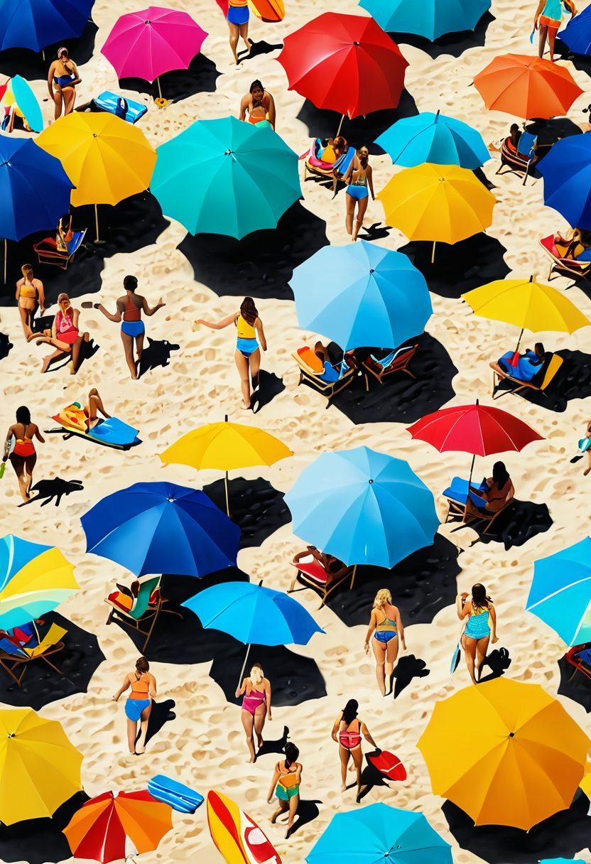 A lively beach scene showcasing a diverse group of people wearing vibrant swimwear, exuding joy and confidence. Bright umbrellas and surfboards in the background add a pop of color, while a clear blue sky frames the scene. Sandcastles and beach games highlight a carefree, summery vibe. Include elements like seashells and tropical drinks to enhance the festive atmosphere. super-realistic. vibrant colors. bright background.