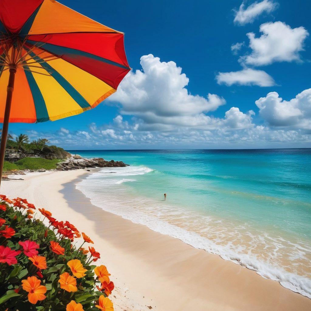 A colorful beach scene filled with people wearing vibrant swimwear, joyfully playing in the sun. Bright tropical flowers and a clear blue ocean in the background, with a whimsical beach umbrella providing shade. Add elements of laughter and happiness, juxtaposing against small, dark clouds lingering overhead to represent life's gloom. Summer vibes with warm sunlight enhancing the colors of the swimwear. tropical, super-realistic, vibrant colors.